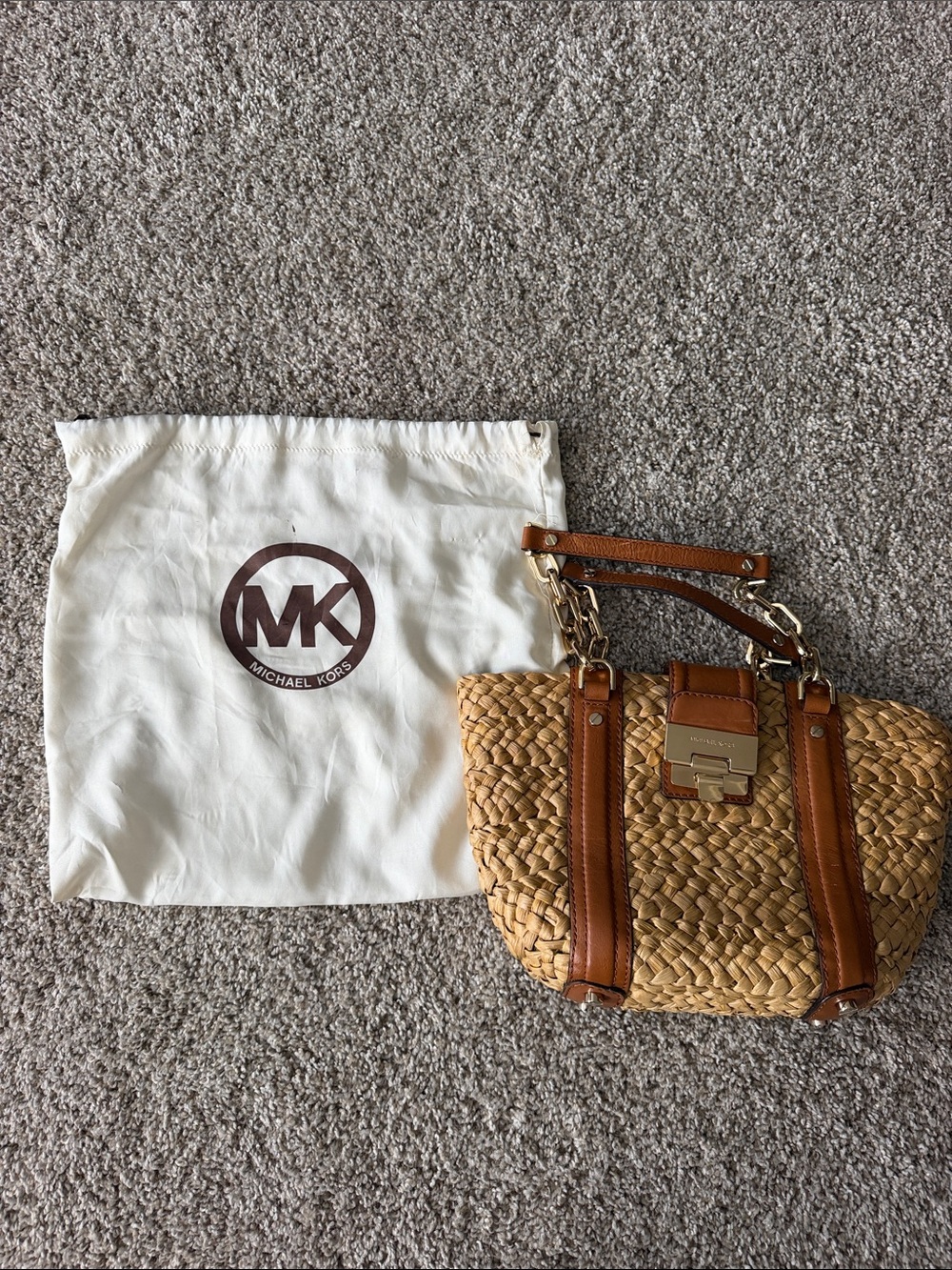 Michael Kors Tan Woven Straw Tote with Brown Leather Trim and Gold Hardware